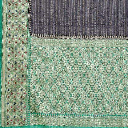 Faishana Presents Navy Blue Organza Zari Check With Tilfi Kadiyal Seagreen Contrast Border Banarasi Saree