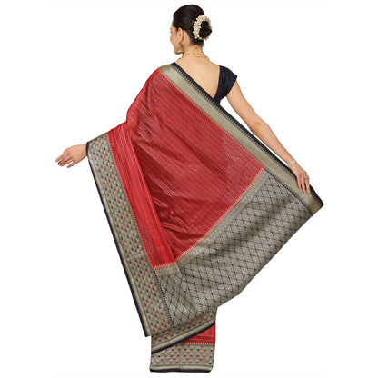 Faishana Presents Red Organza Zari Check With Tilfi Kadiyal Black Contrast Border Banarasi Saree