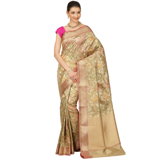Faishana Presents Beige Tissue Tilfi Jaal Floral Meena Weaving Tilfi Kadiyal Beige Border Banarasi Saree