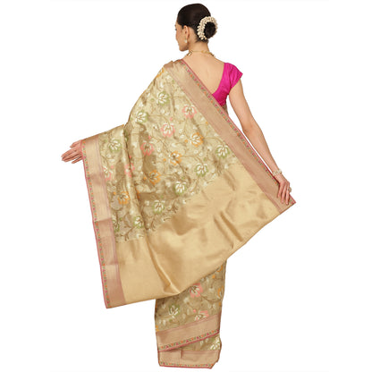 Faishana Presents Beige Tissue Tilfi Jaal Floral Meena Weaving Tilfi Kadiyal Beige Border Banarasi Saree