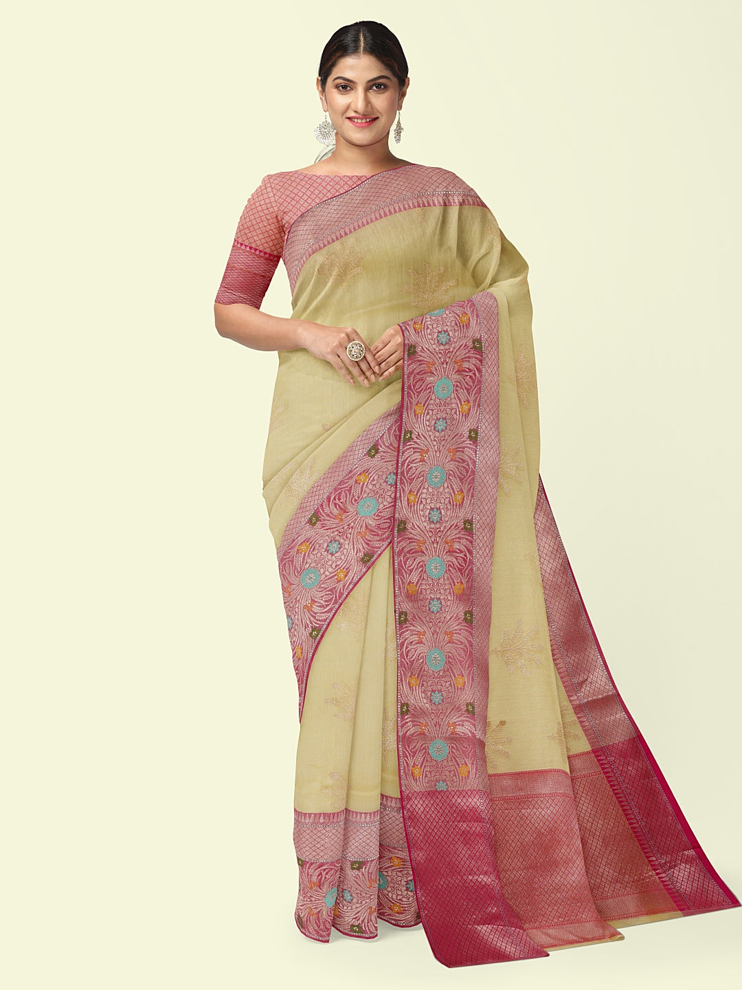 Faishana Presents Beige Woven Organza Pink Border With Pink Blouse Banarasi Saree