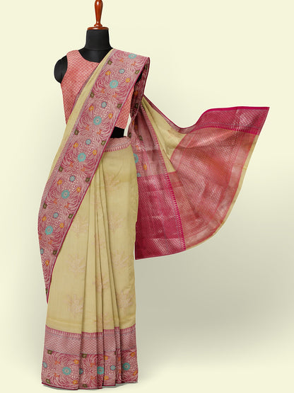 Faishana Presents Beige Woven Organza Pink Border With Pink Blouse Banarasi Saree