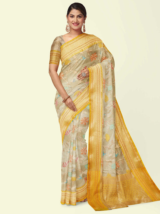 Faishana Presents Grey Woven Organza Yellow Border With Beige Blouse Banarasi Saree