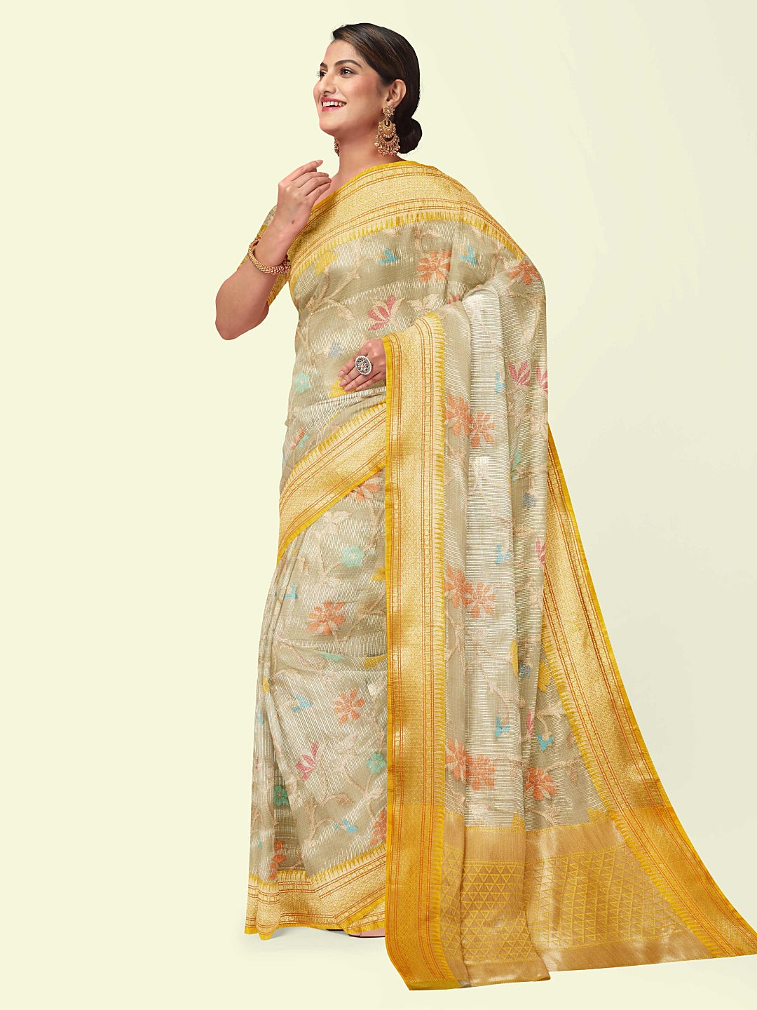 Faishana Presents Grey Woven Organza Yellow Border With Beige Blouse Banarasi Saree