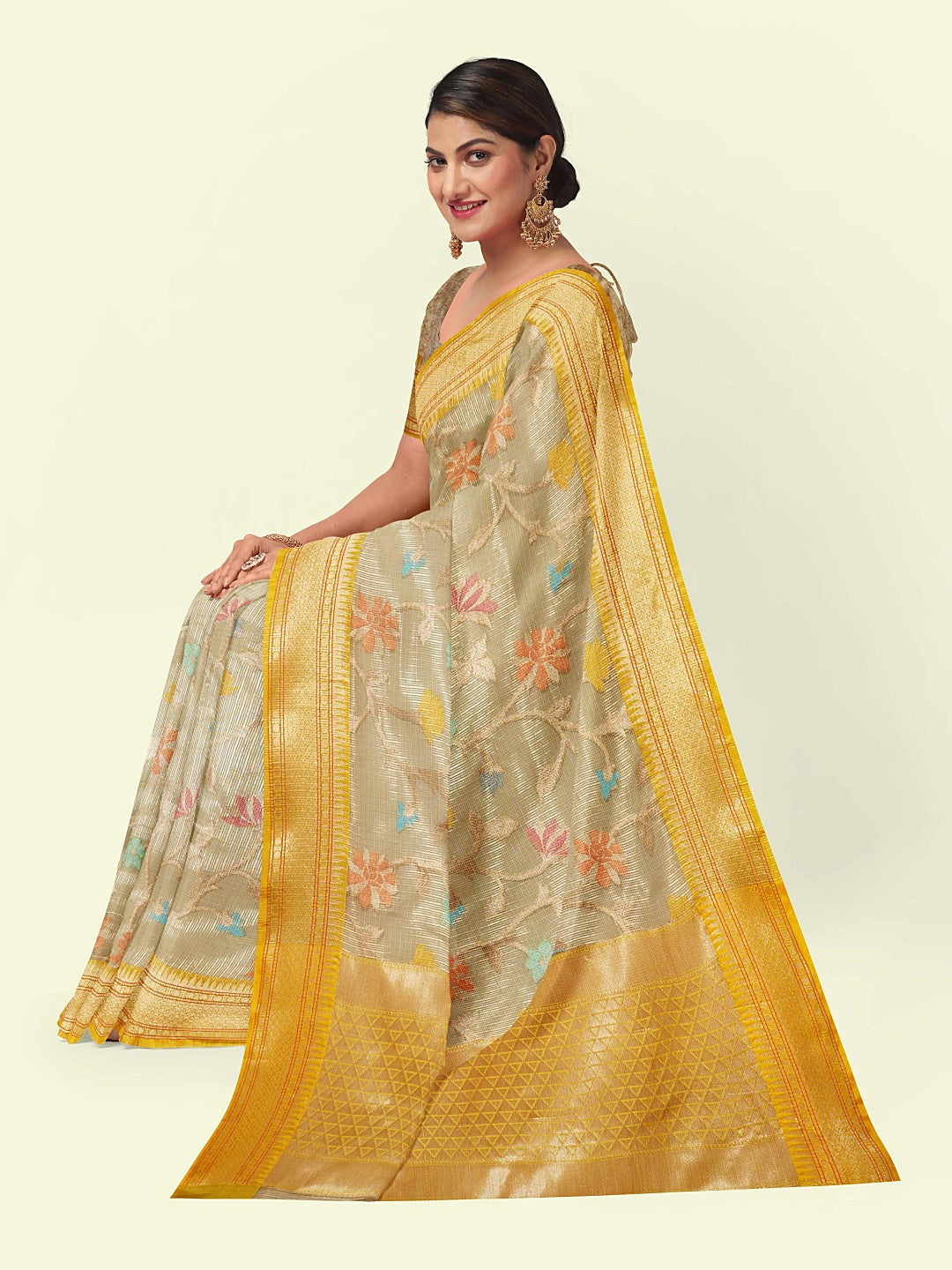 Faishana Presents Grey Woven Organza Yellow Border With Beige Blouse Banarasi Saree