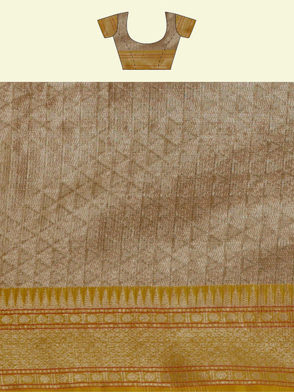Faishana Presents Grey Woven Organza Yellow Border With Beige Blouse Banarasi Saree