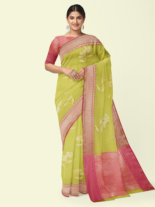 Faishana Presents Green Woven Organza Pink Border With Pink Blouse Banarasi Saree
