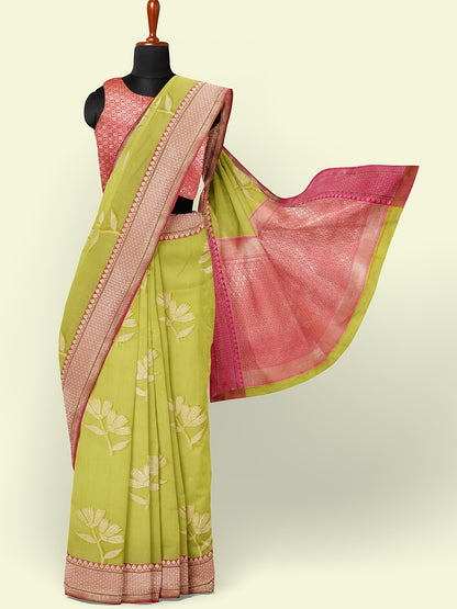 Faishana Presents Green Woven Organza Pink Border With Pink Blouse Banarasi Saree