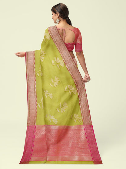 Faishana Presents Green Woven Organza Pink Border With Pink Blouse Banarasi Saree