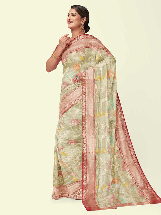Faishana Presents Beige Woven Organza Pink Border With Pink Blouse Banarasi Saree