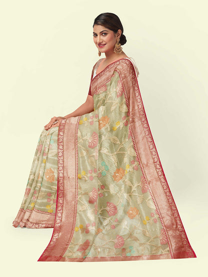 Faishana Presents Beige Woven Organza Pink Border With Pink Blouse Banarasi Saree