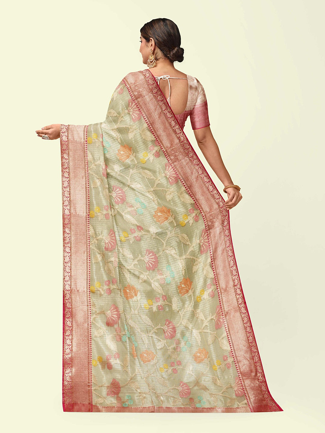 Faishana Presents Beige Woven Organza Pink Border With Pink Blouse Banarasi Saree