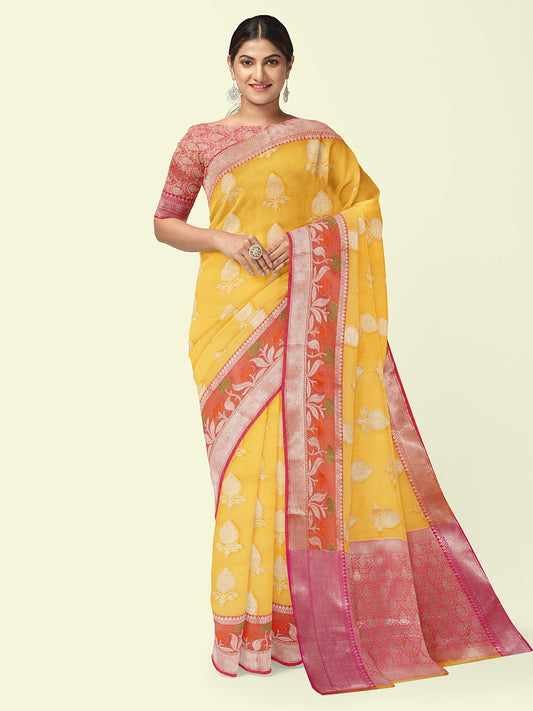 Faishana Presents Beige Woven Organza Pink Border With Pink Blouse Banarasi Saree