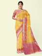 Faishana Presents Beige Woven Organza Pink Border With Pink Blouse Banarasi Saree
