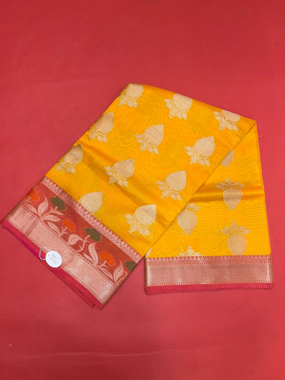 Faishana Presents Beige Woven Organza Pink Border With Pink Blouse Banarasi Saree