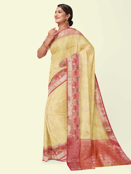 Faishana Presents Beige Woven Organza Pink Border With Pink Blouse Banarasi Saree