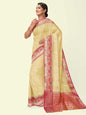Faishana Presents Beige Woven Organza Pink Border With Pink Blouse Banarasi Saree