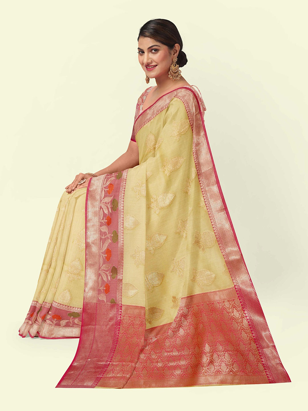 Faishana Presents Beige Woven Organza Pink Border With Pink Blouse Banarasi Saree