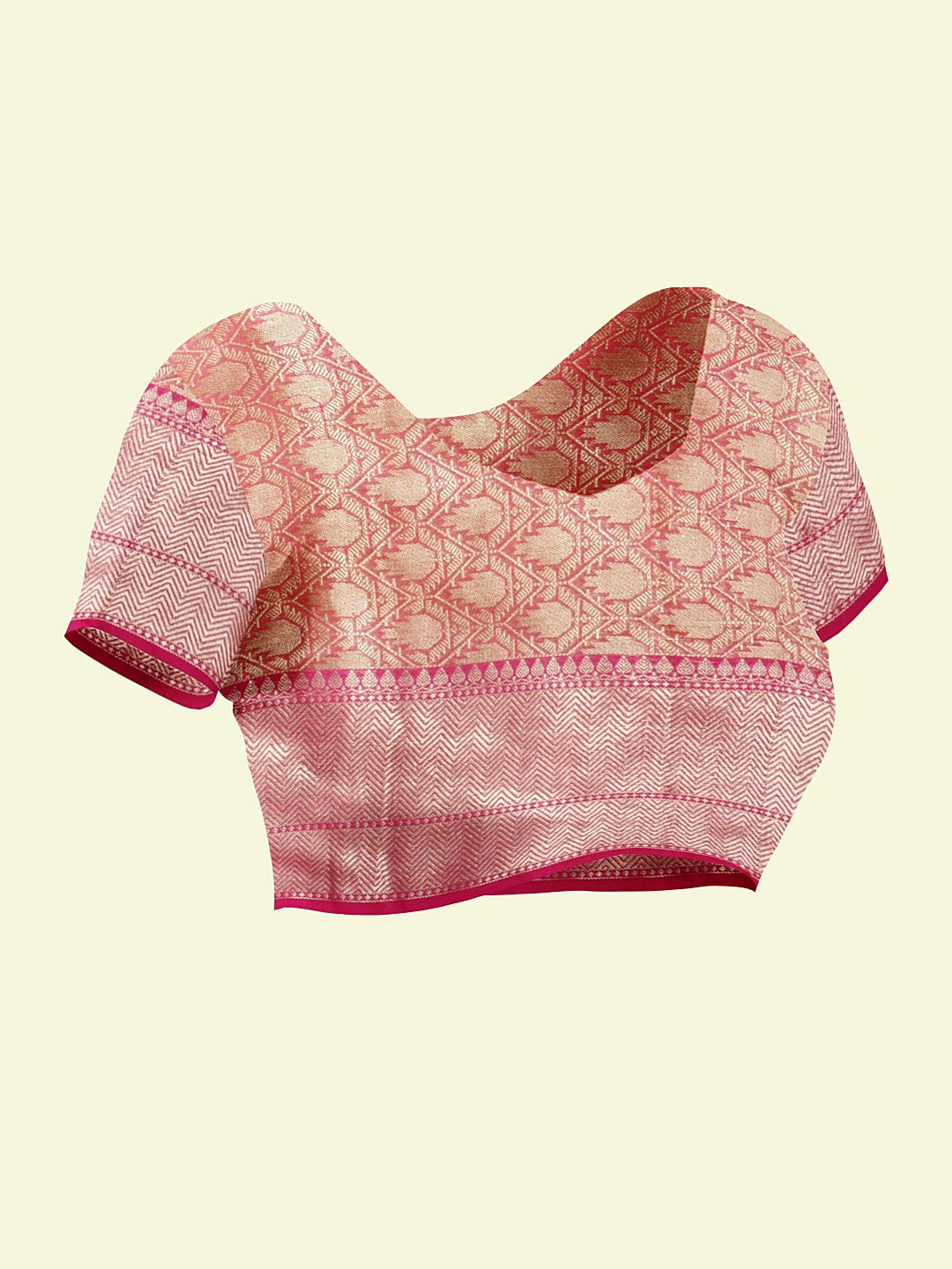 Faishana Presents Beige Woven Organza Pink Border With Pink Blouse Banarasi Saree