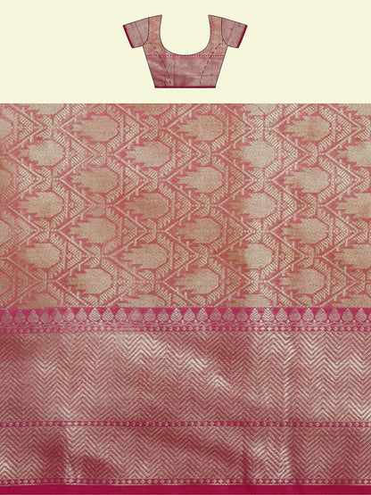 Faishana Presents Beige Woven Organza Pink Border With Pink Blouse Banarasi Saree