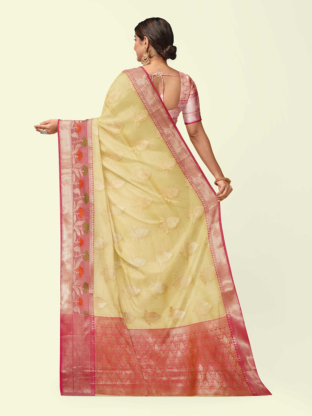 Faishana Presents Beige Woven Organza Pink Border With Pink Blouse Banarasi Saree