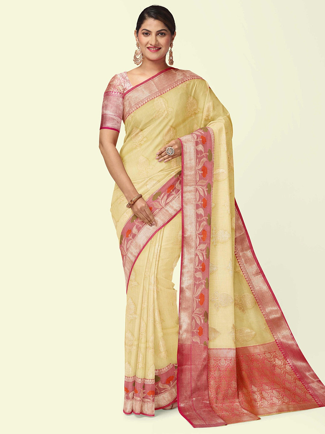 Faishana Presents Beige Woven Organza Pink Border With Pink Blouse Banarasi Saree