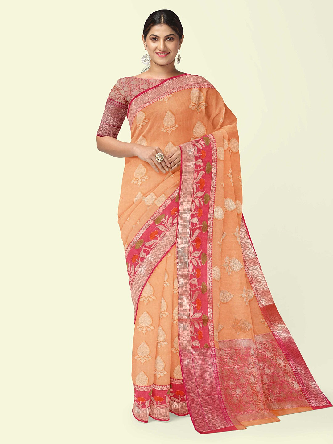 Faishana Presents Orange Woven Organza Pink Border With Pink Blouse Banarasi Saree