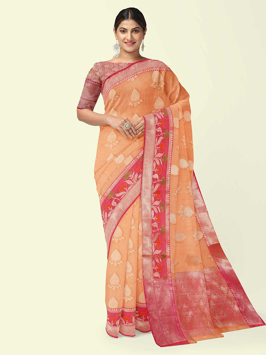 Faishana Presents Orange Woven Organza Pink Border With Pink Blouse Banarasi Saree