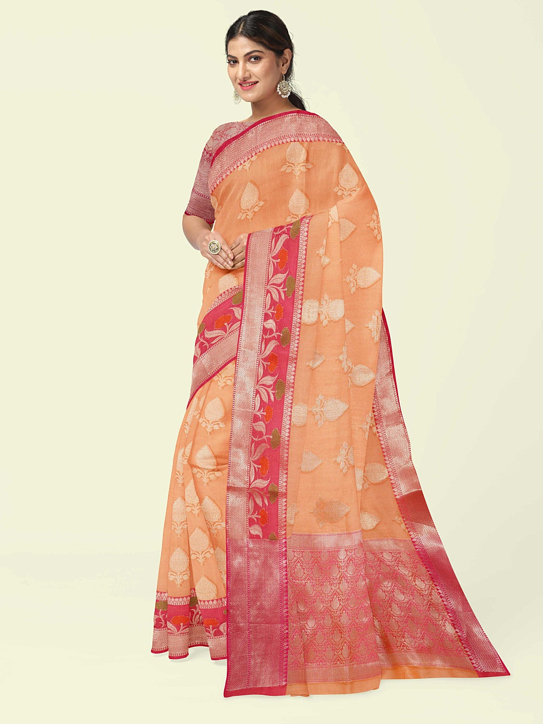 Faishana Presents Orange Woven Organza Pink Border With Pink Blouse Banarasi Saree
