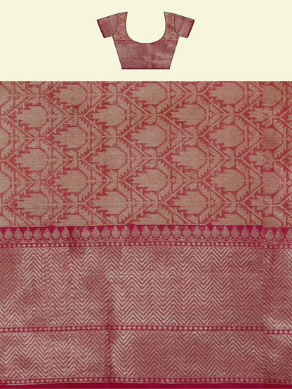 Faishana Presents Orange Woven Organza Pink Border With Pink Blouse Banarasi Saree
