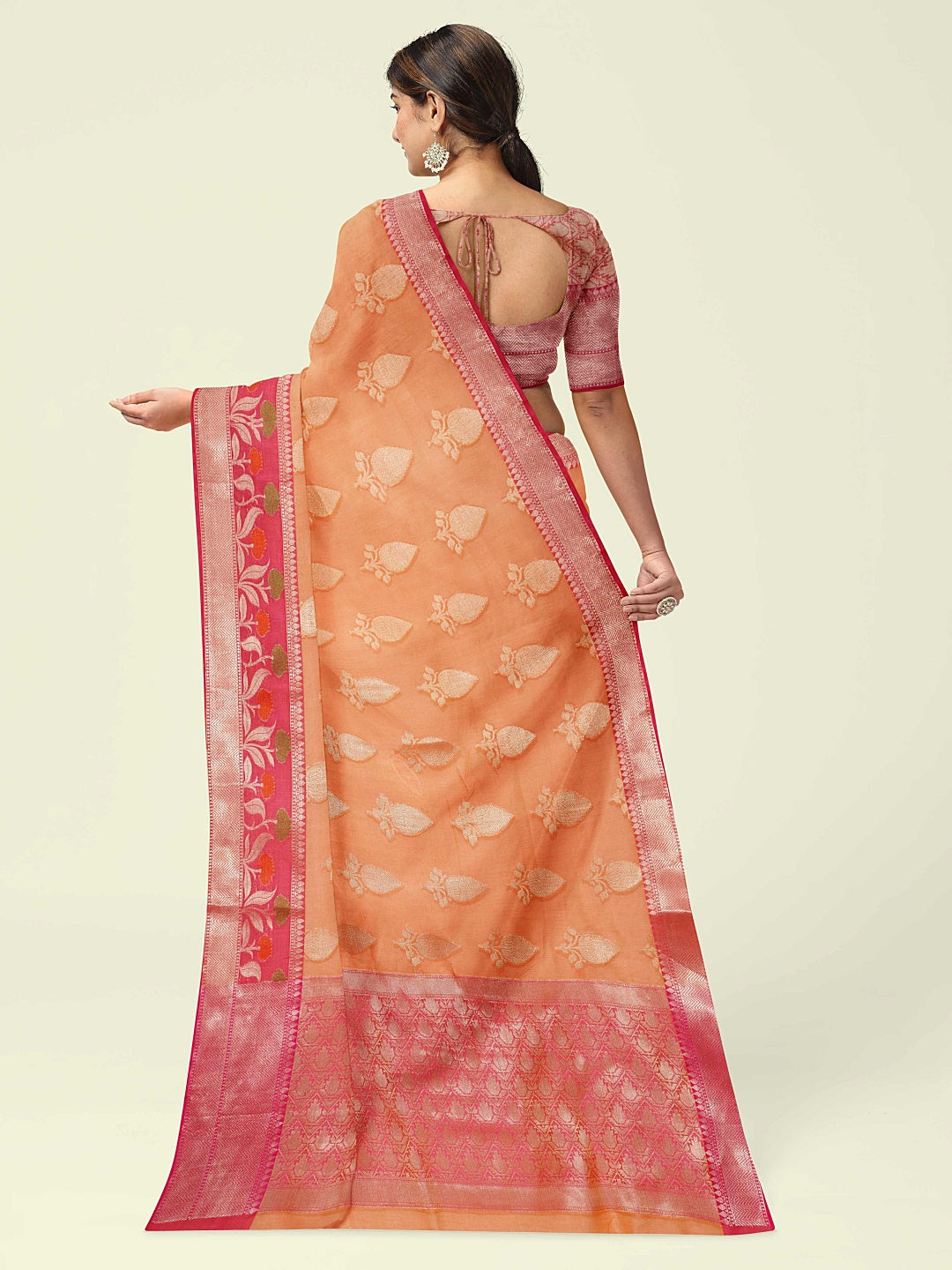 Faishana Presents Orange Woven Organza Pink Border With Pink Blouse Banarasi Saree