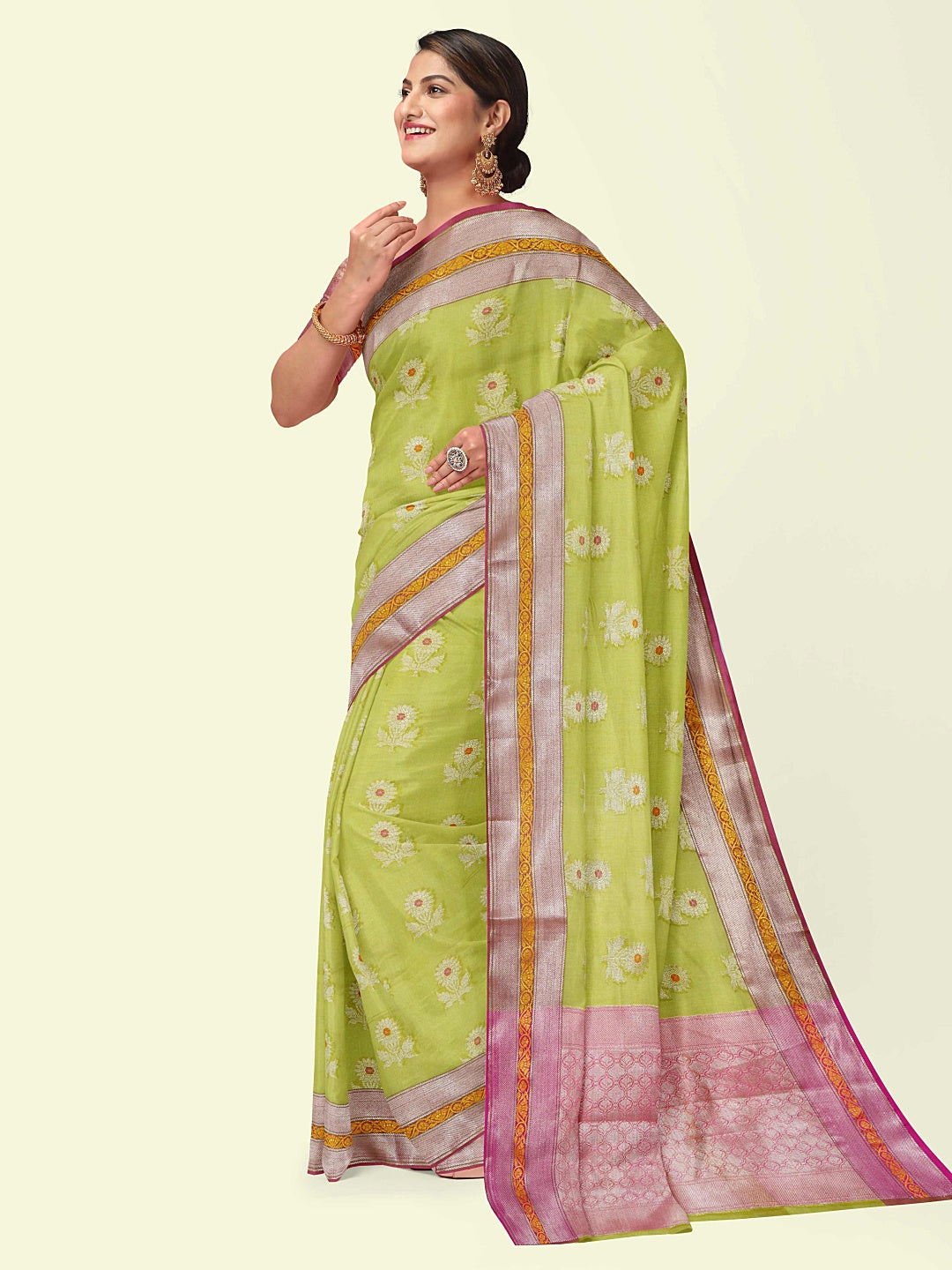 Faishana Presents Green Woven Organza Pink Border With Pink Blouse Banarasi Saree