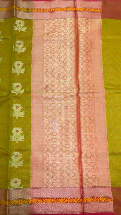 Green Cotton Blend Banarasi Sarees For Women GEHKR 17