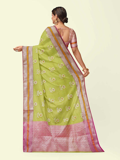 Green Cotton Blend Banarasi Sarees For Women GEHKR 17