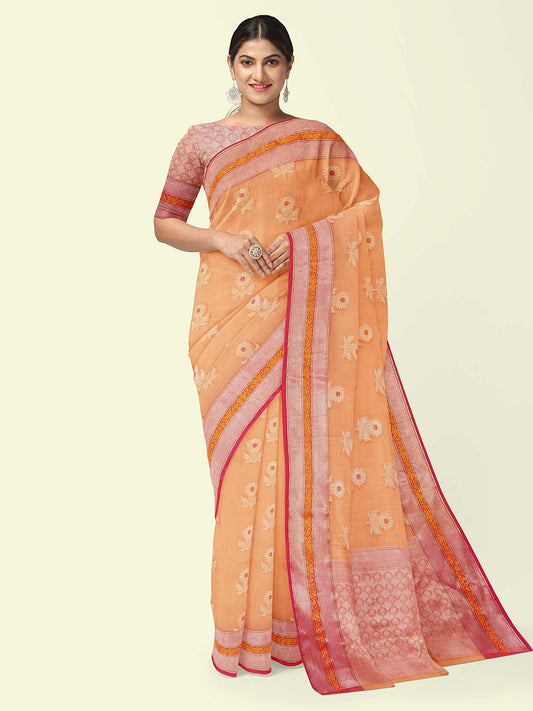 Faishana Presents Orange Woven Organza Pink Border With Pink Blouse Banarasi Saree