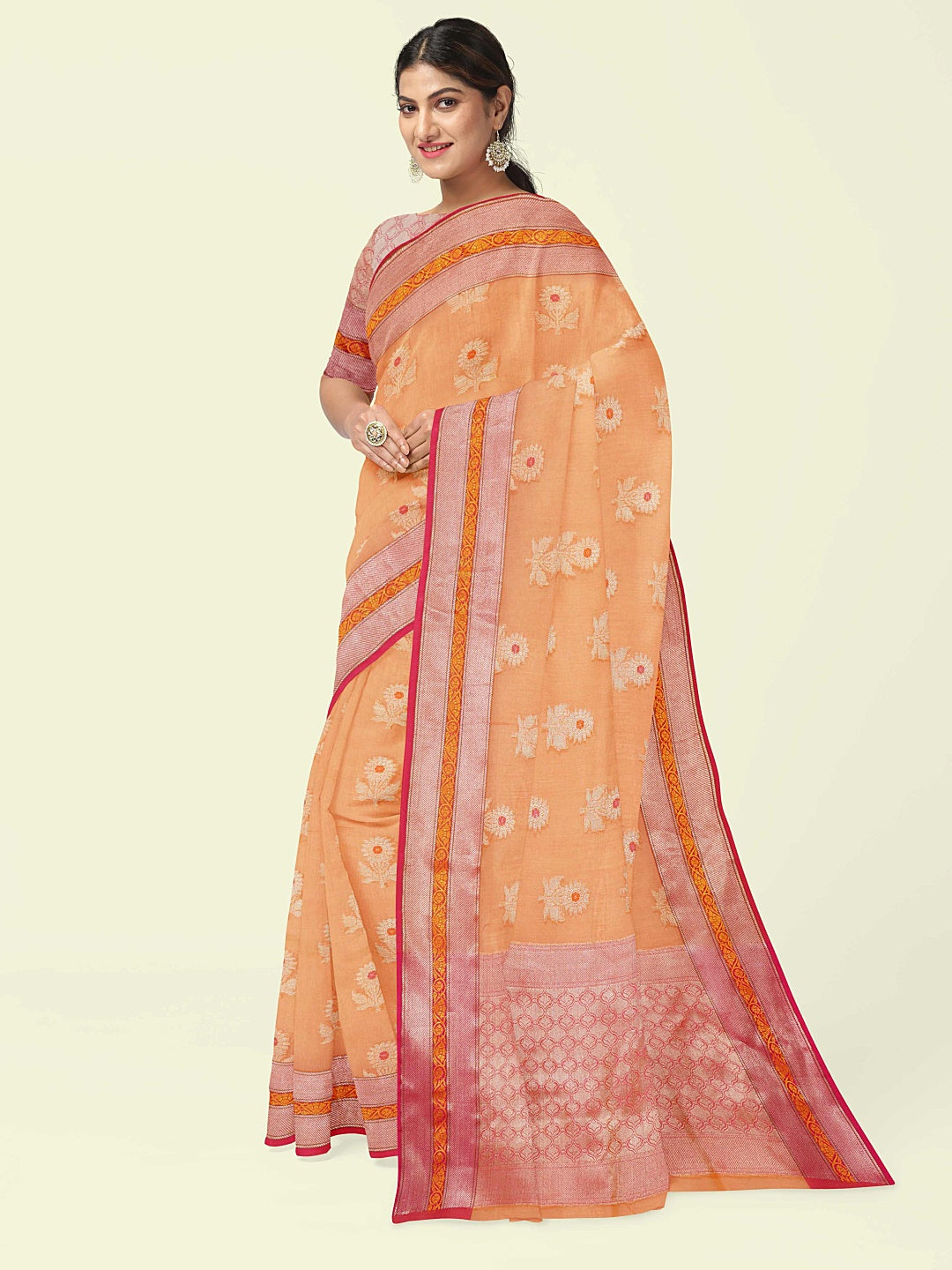 Faishana Presents Orange Woven Organza Pink Border With Pink Blouse Banarasi Saree