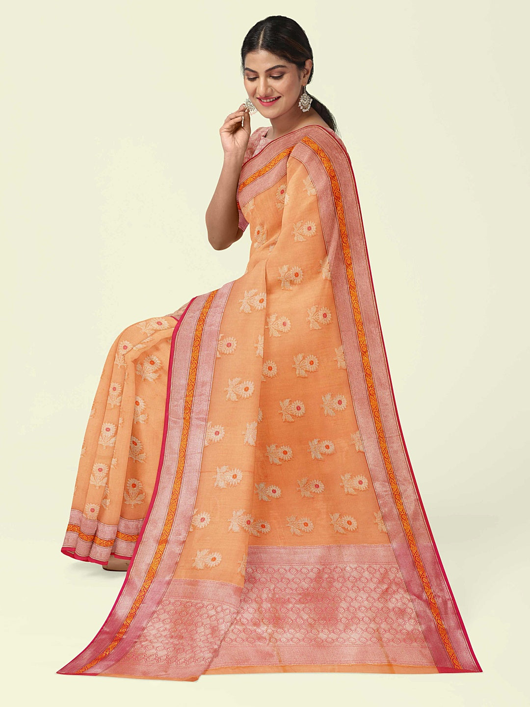 Faishana Presents Orange Woven Organza Pink Border With Pink Blouse Banarasi Saree