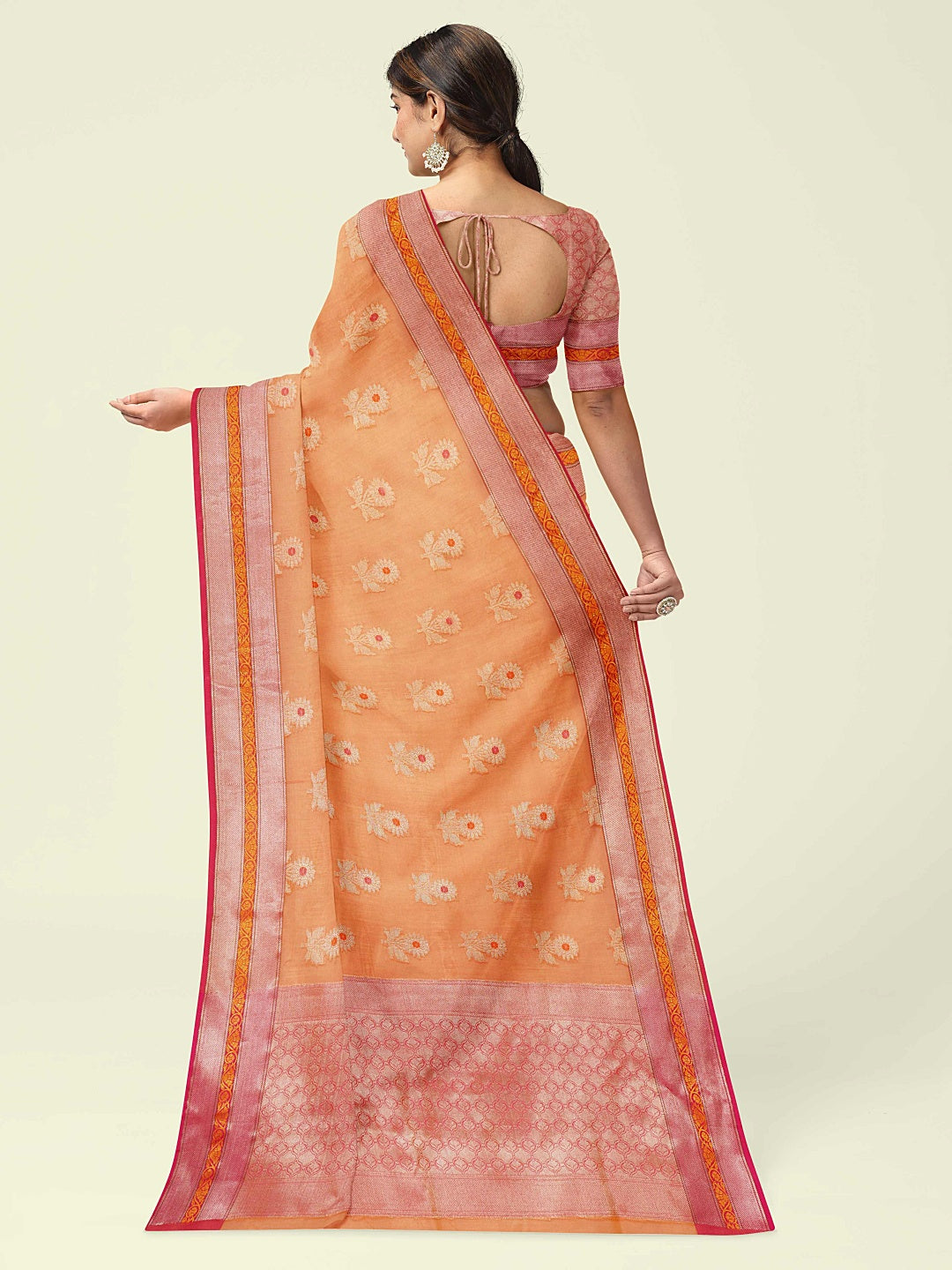 Faishana Presents Orange Woven Organza Pink Border With Pink Blouse Banarasi Saree