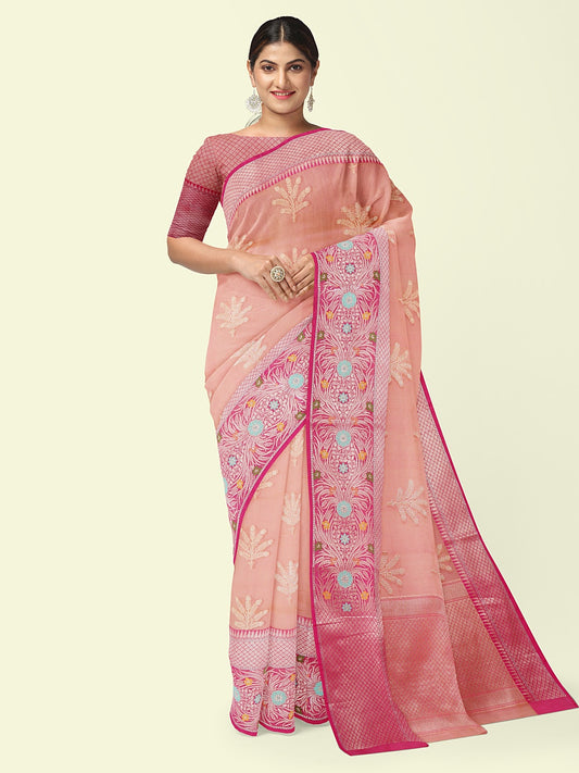 Faishana Presents Pink Woven Organza Pink Border With Pink Blouse Banarasi Saree