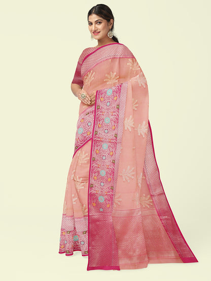 Faishana Presents Pink Woven Organza Pink Border With Pink Blouse Banarasi Saree