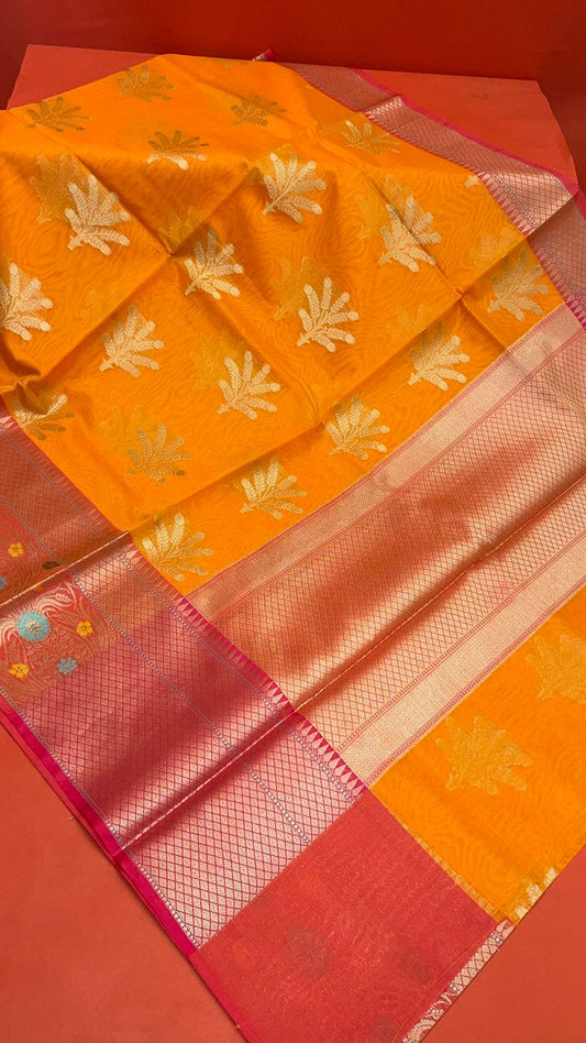 Orange Cotton Blend Banarasi Sarees For Women GEHKR 1