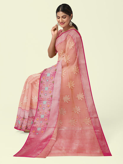 Orange Cotton Blend Banarasi Sarees For Women GEHKR 1