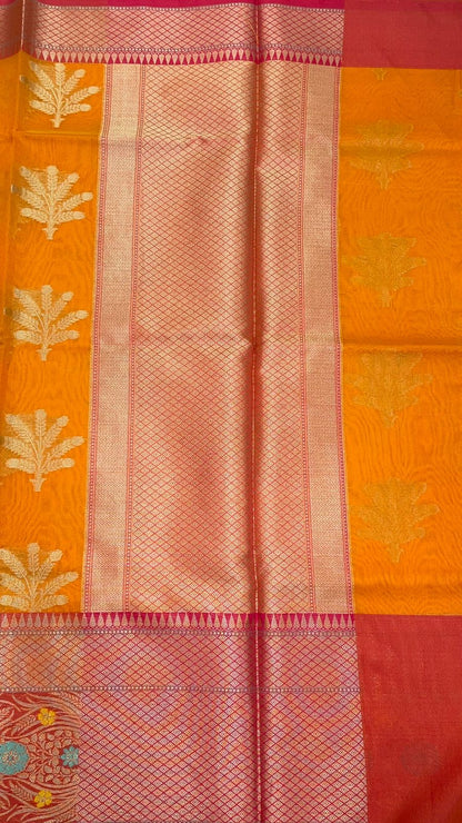 Orange Cotton Blend Banarasi Sarees For Women GEHKR 1