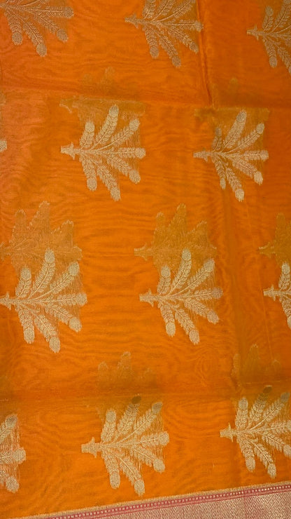 Orange Cotton Blend Banarasi Sarees For Women GEHKR 1