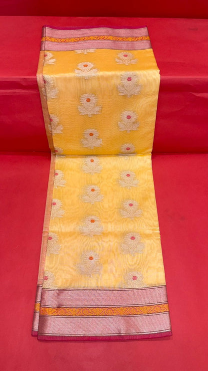 Faishana Presents Beige Woven Organza Pink Border With Pink Blouse Banarasi Saree