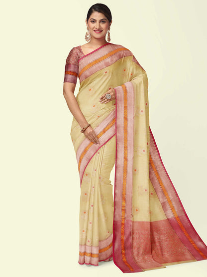 Faishana Presents Beige Woven Organza Pink Border With Pink Blouse Banarasi Saree