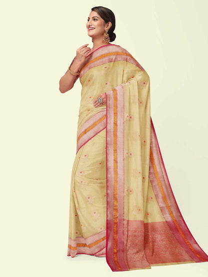 Beige Cotton Blend Banarasi Sarees For Women GEHKR 20