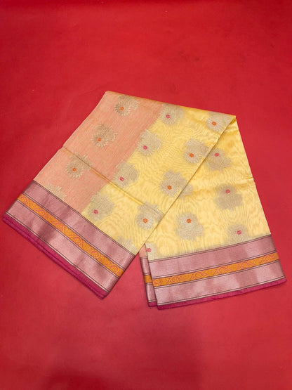Faishana Presents Beige Woven Organza Pink Border With Pink Blouse Banarasi Saree