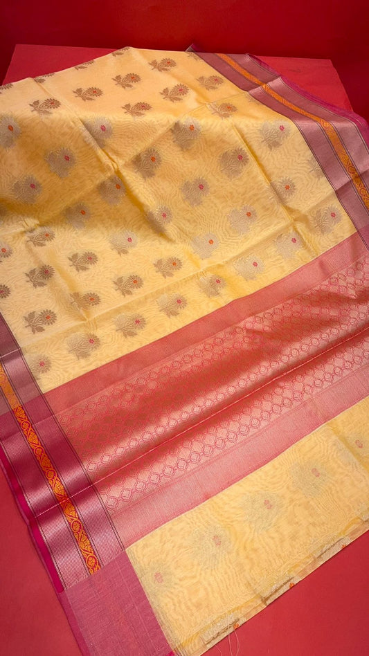 Beige Cotton Blend Banarasi Sarees For Women GEHKR 20