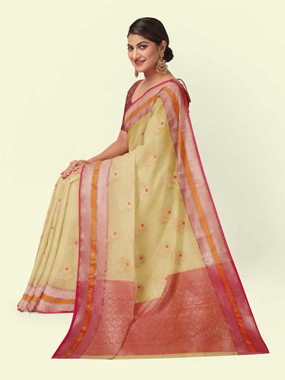 Beige Cotton Blend Banarasi Sarees For Women GEHKR 20